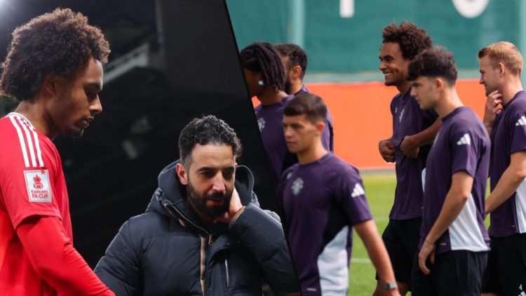 Joshua Zirkzee in action during a first-team Manchester United training session at the Carrington training complex, inset the striker with Ruben Am...