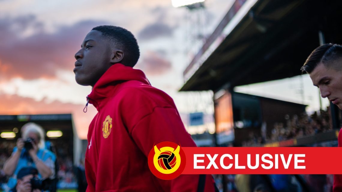 Kobbie Mainoo walks out for Manchester United, overlaid UIF logo and exclusive banner.