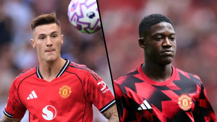 Split image, Benjamin Sesko in action for Manchester United looking at ball and Kobbie Mainoo in warm-up with focused look on his face.
