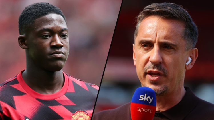 Sky Sports pundit Gary Neville ahead of the Premier League match between Manchester United and Arsenal at Old Trafford, inset Kobbie Mainoo.