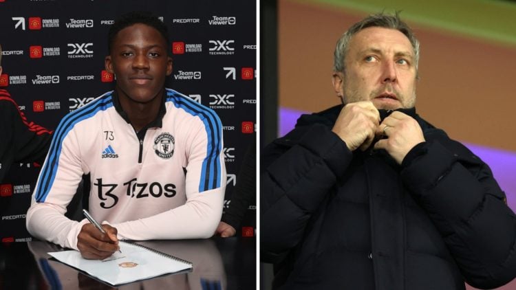 Split image of Manchester United midfielder Kobbie Mainoo and Sporting Director Jason Wilcox.