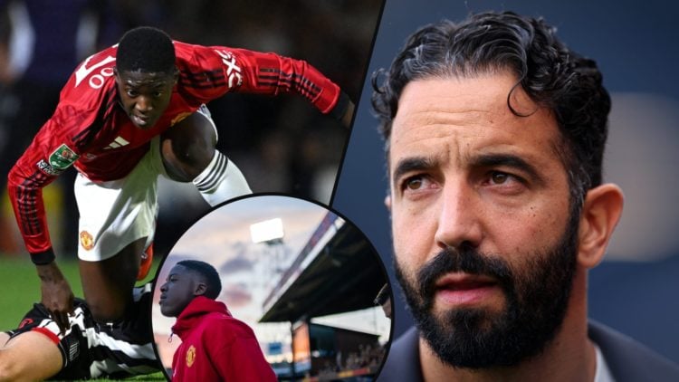 Kobbie Mainoo vs Grimsby Town in the Carabao Cup match, inset the Manchester United midfielder at Blundell Park, inset Ruben Amorim.