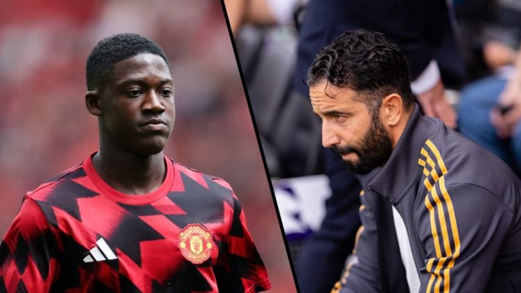 Split image, Kobbie Mainoo in Manchester United training top and Ruben Amorim on bench looking concerned.