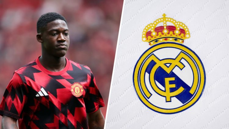 Kobbie Mainoo split image with Real Madrid badge