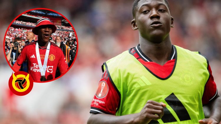 Kobbie Mainoo warms up, inset, celebrating FA Cup win