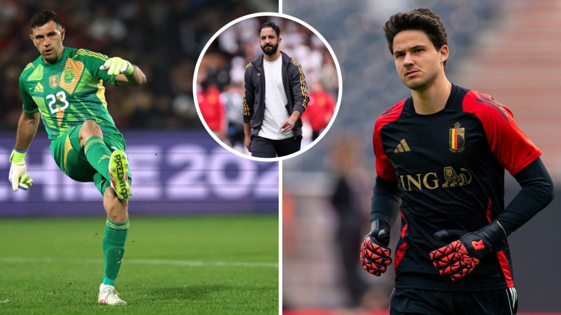 Emi Martinez kicking the ball for Argentina, Senne Lammens in action for Royal Antwerp, inset Ruben Amorim as Man Utd manager
