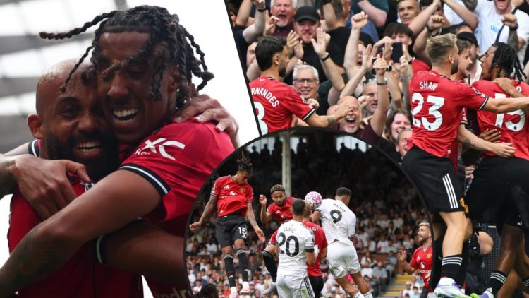Leny Yoro and Bryan Mbeumo, inset the Manchester United defender vs Fulham, inset an overlay from the Premier League match at Craven Cottage.