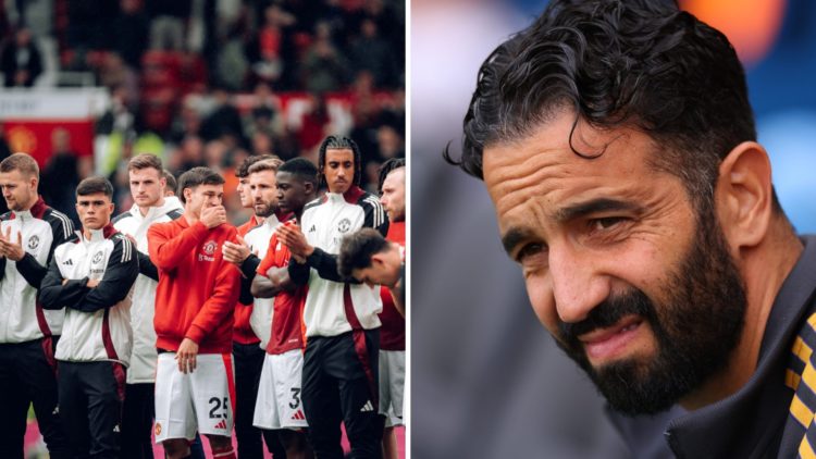 Split image of Manchester United squad huddled at Old Trafford and head coach Ruben Amorim looking stressed.