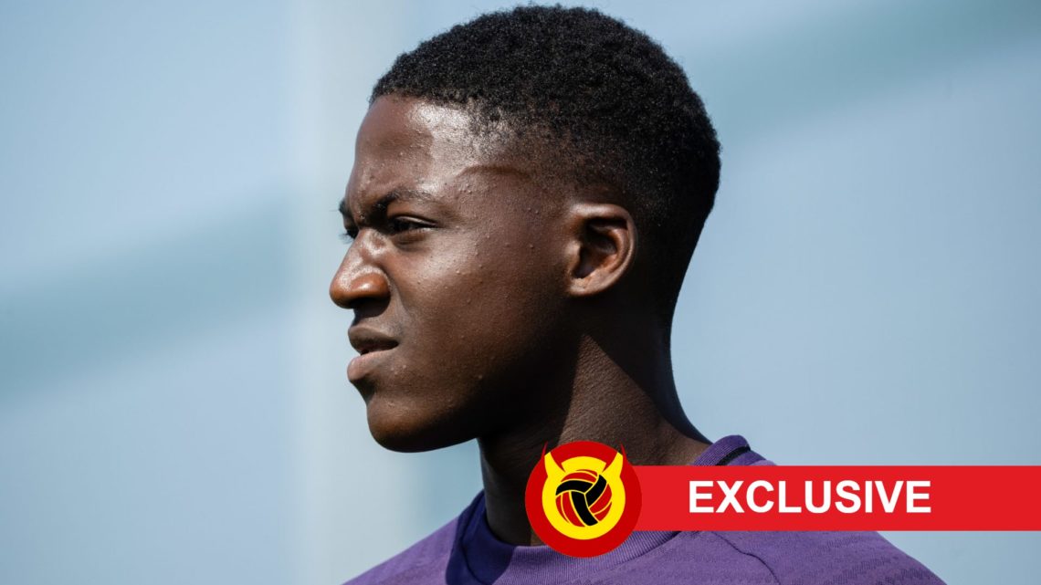Kobbie Mainoo in Man Utd training, United in Focus exclusive logo