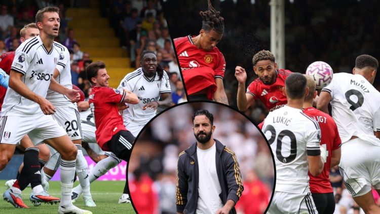 Calvin Bassey fouls Mason Mount during a Premier League match, inset Leny Yoro scoring for Manchester United, inset Ruben Amorim at the Fulham clash.