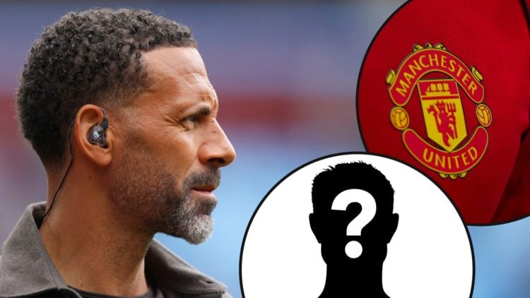 Former TNT Sports pundit and Manchester United legend Rio Ferdinand looks on during a Premier League match, inset the club crest of the Red Devils.