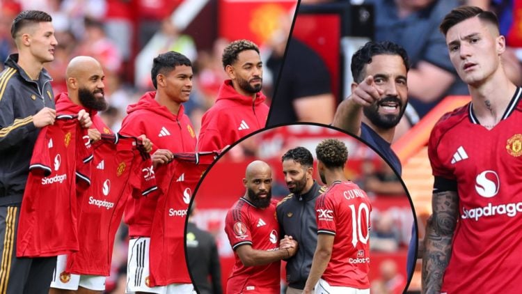 Manchester United signing Diego Leon, inset Benjamin Sesko with Ruben Amorim, inset Bryan Mbeumo and Matheus Cunha with the manager.