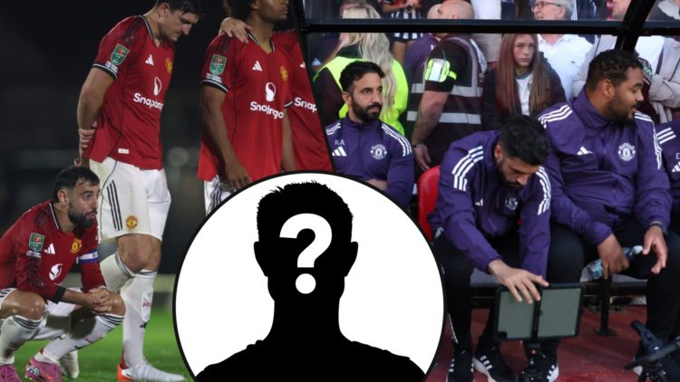 Manchester United players during the penalty shootout vs Grimsby Town, inset Ruben Amorim at Blundell Park for the Carabao Cup match.