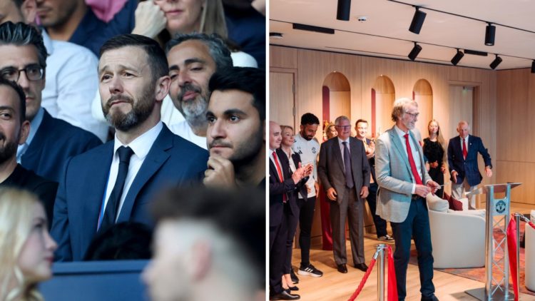 Split image of Man United chief business officer Marc Armstrong and club owner Sir Jim Ratcliffe.