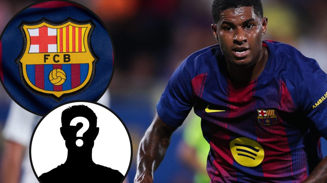 Manchester United and England player Marcus Rashford, inset an overlay of the club crest belonging to La Liga side Barcelona.