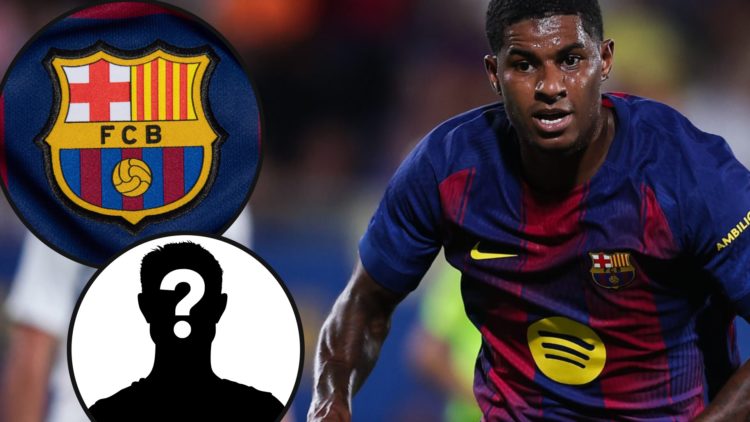 Manchester United and England player Marcus Rashford, inset an overlay of the club crest belonging to La Liga side Barcelona.