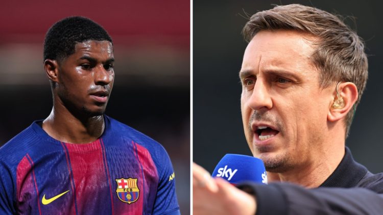 Manchester United loanee Marcus Rashford in action for Barcelona, split image with pundit Gary Neville.