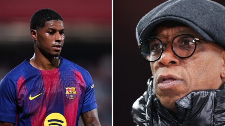 Split image of Manchester United loanee Marcus Rashford at Barcelona and pundit Ian Wright speaking.