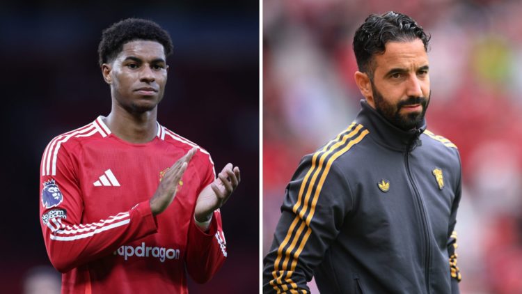 Manchester United loanee Marcus Rashford applauds, inset of head coach Ruben Amorim on the sidelines.