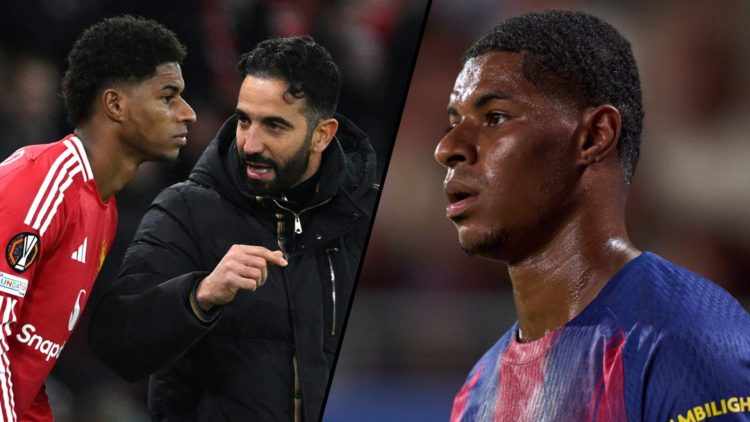 Marcus Rashford during the Joan Gamper Trophy match between Barcelona and Como, inset the Manchester United and England player with Ruben Amorim.