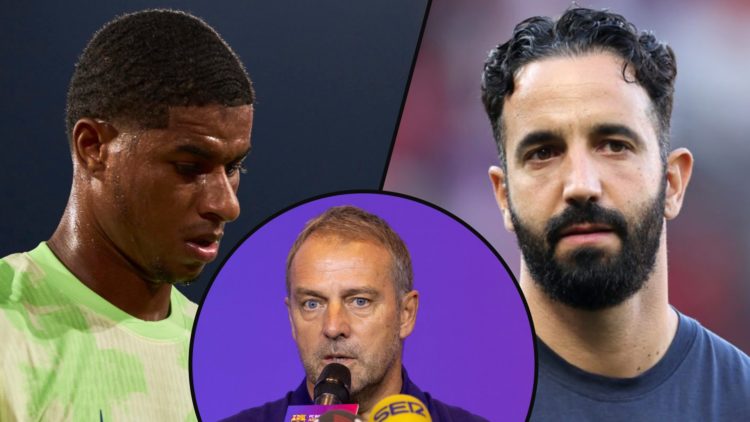 Marcus Rashford during the La Liga match against Real Mallorca, inset Barcelona manager Hansi Flick, inset Manchester United boss Ruben Amorim.