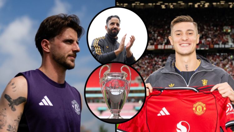 Split image, Mason Mount facing to the side in training vest and Benjamin Sesko unveiled to Manchester United fans at Old Trafford. Inset, Ruben Am...