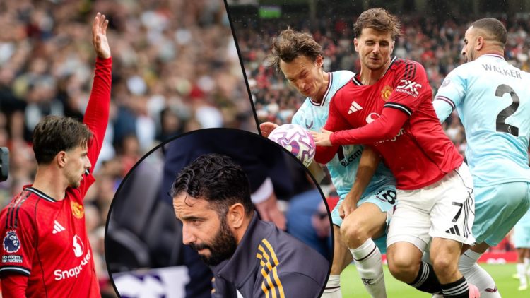 Mason Mount during the Premier League match against Burnley, inset the Manchester United player at Old Trafford, inset manager Ruben Amorim.