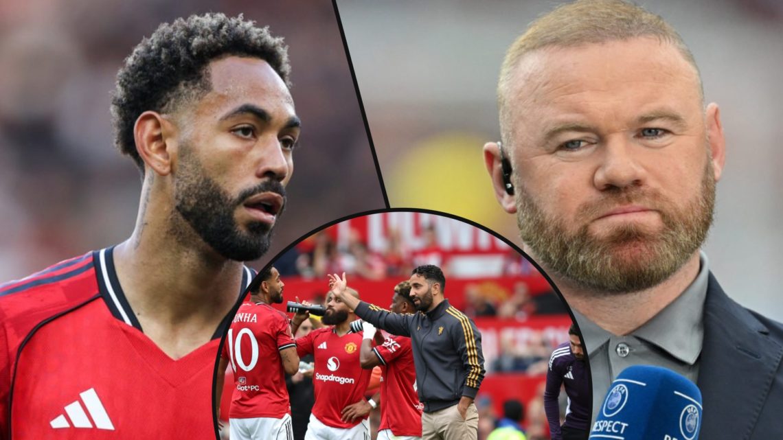 Matheus Cunha vs Arsenal at Old Trafford, inset Wayne Rooney, inset the former Wolves ace with Manchester United manager Ruben Amorim.