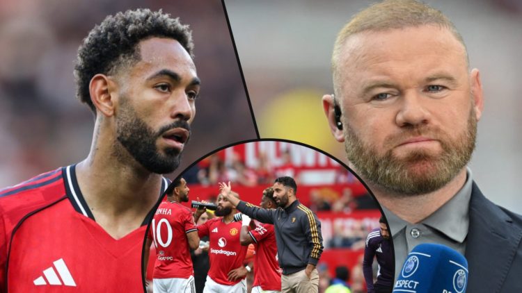 Matheus Cunha vs Arsenal at Old Trafford, inset Wayne Rooney, inset the former Wolves ace with Manchester United manager Ruben Amorim.