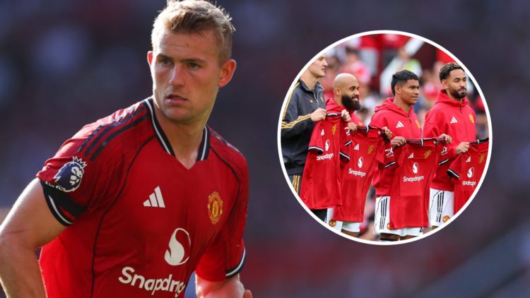 Manchester United defender Matthijs de Ligt in action, inset of United's four major signings in 2025/26.