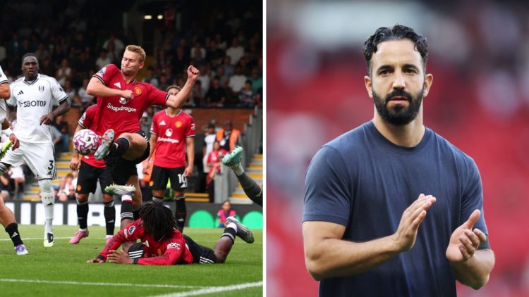 Split image of Matthijs de Ligt facing Fulham and head coach Ruben Amorim applauding.