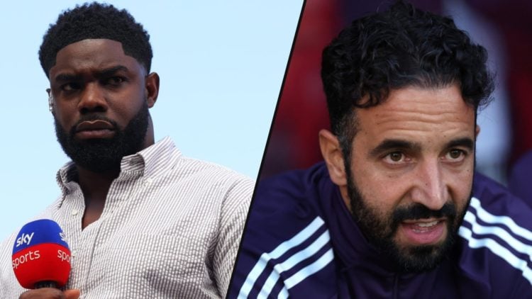 Sky Sports pundit Micah Richards during the Premier League match between Manchester United and Arsenal at Old Trafford, inset Ruben Amorim.