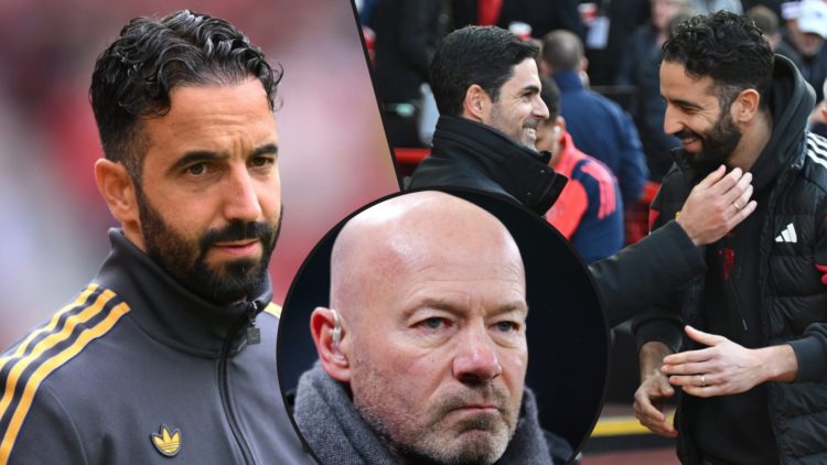 Arsenal manager Mikel Arteta and Ruben Amorim, inset the Manchester United manager, inset an overlay of Premier League legend Alan Shearer.