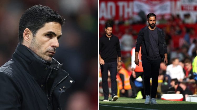 Arsenal manager Mikel Arteta, split image with Manchester United head coach Ruben Amorim at Old Trafford.