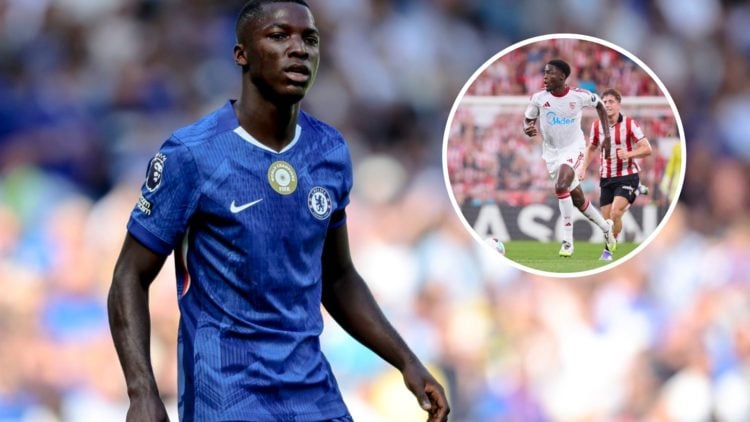Chelsea midfielder Moises Caicedo in action, inset of Sevilla star Lucien Agoume.