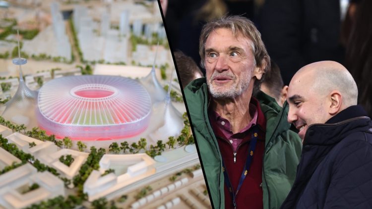 Split image, New Old Trafford plans and Sir Jim Ratcliffe with Omar Berrada watching Manchester United.