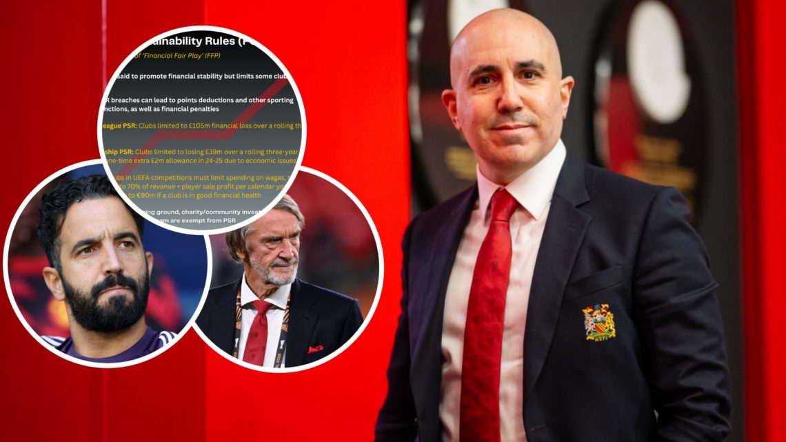 Manchester United CEO Omar Berrada, inset of Sir Jim Ratclife, Ruben Amorim and PSR explainer.