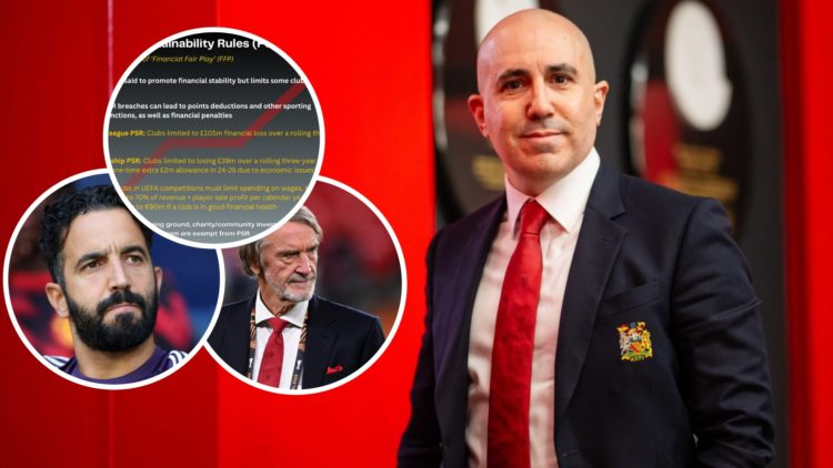 Manchester United CEO Omar Berrada, inset of Sir Jim Ratclife, Ruben Amorim and PSR explainer.