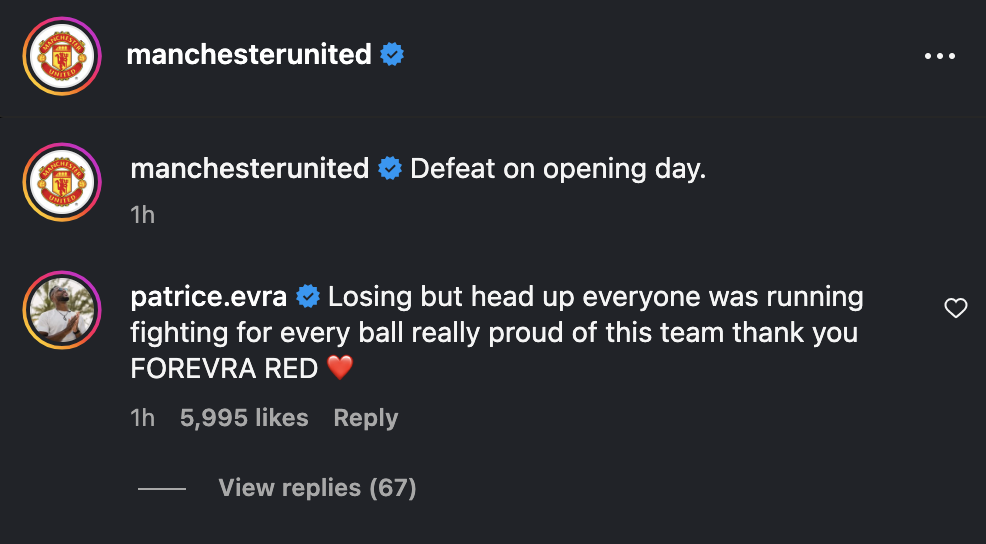 Manchester United legend Patrice Evra shared a message after the 1-0 Premier League defeat against Arsenal at Old Trafford.