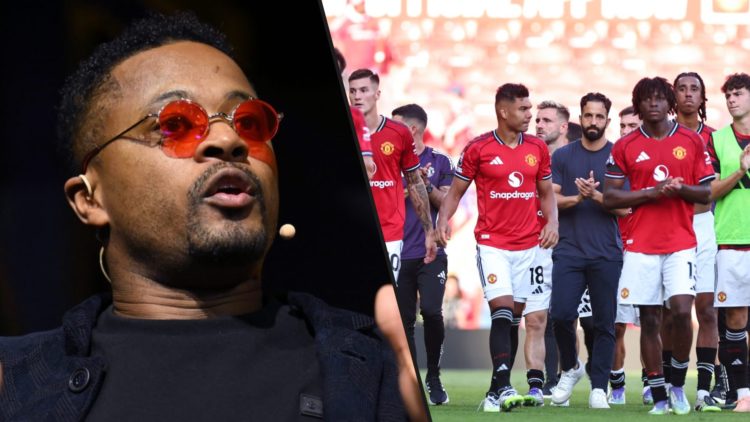 Manchester United legend Patrice Evra, inset Ruben Amorim after the Premier League match between Manchester United and Arsenal at Old Trafford.