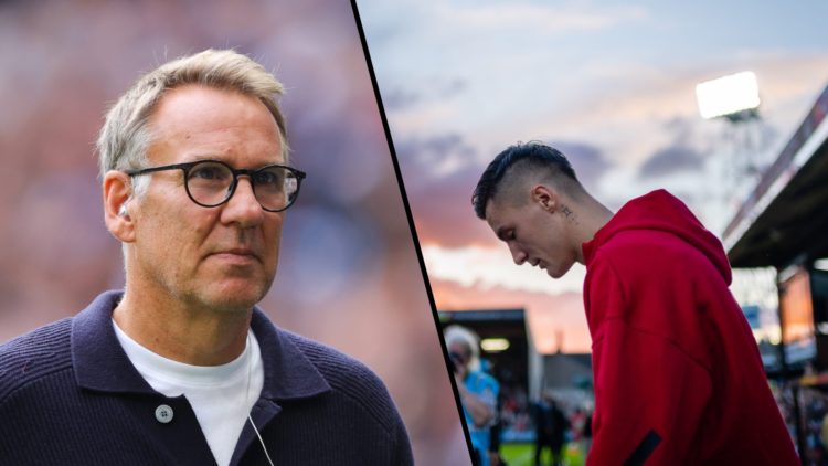 Split image, Paul Merson wearing glasses while on punditry and Benjamin Sesko walking out for Manchester United.
