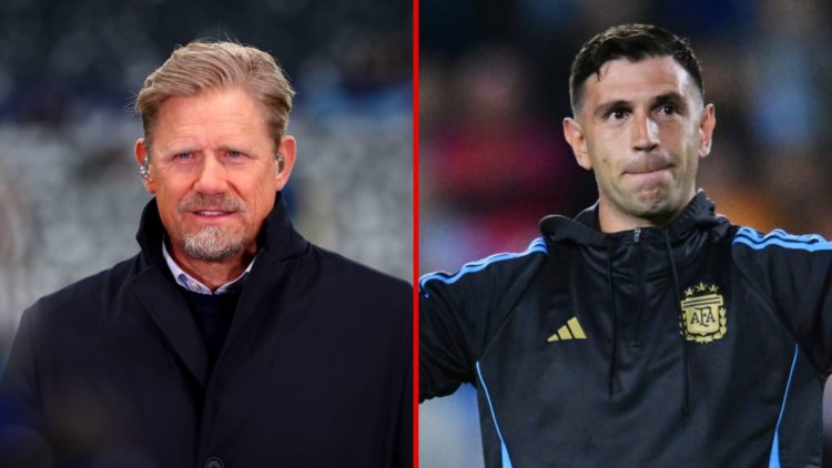 Peter Schmeichel and Emiliano Martinez, split image