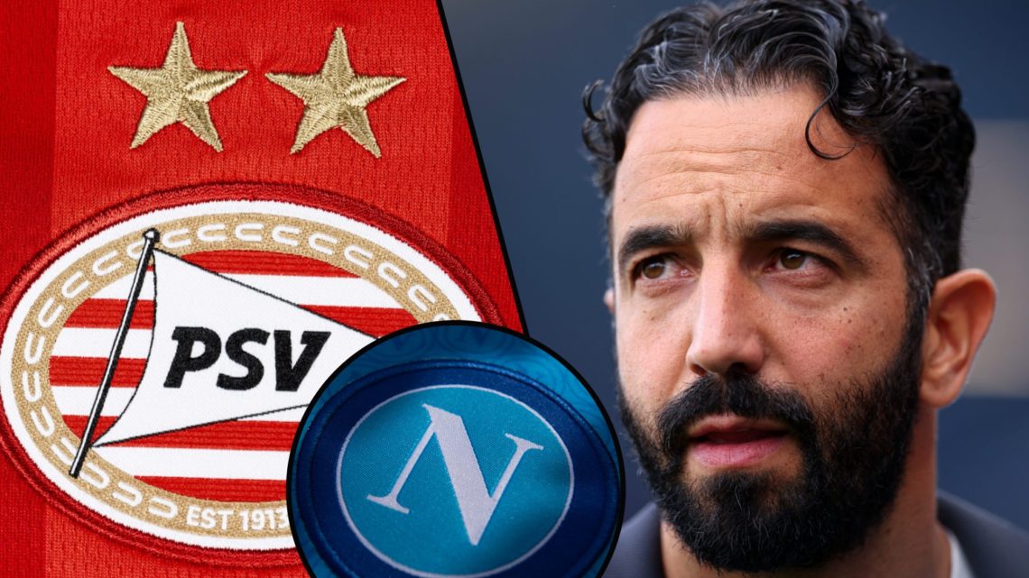 Ruben Amorim during the Premier League match between Fulham and Manchester United at Craven Cottage, inset the PSV Eindhoven logo, inset the Napoli...