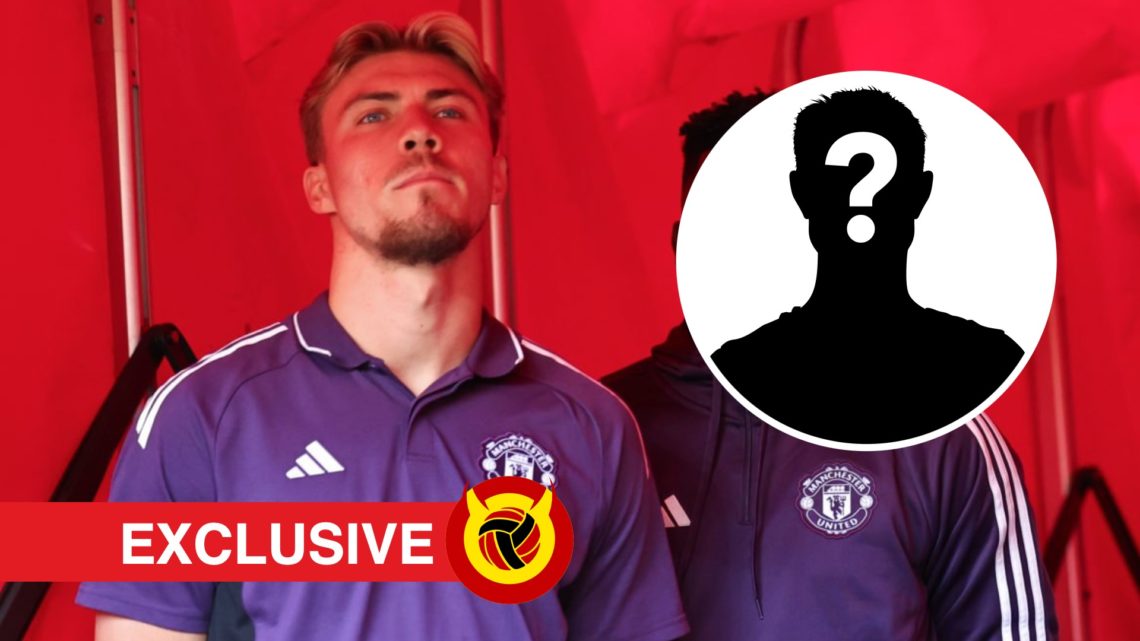 Rasmus Hojlund standing in Manchester United polo at Old Trafford. Inset mystery player icon. Overlaid UIF logo and exclusives banner.