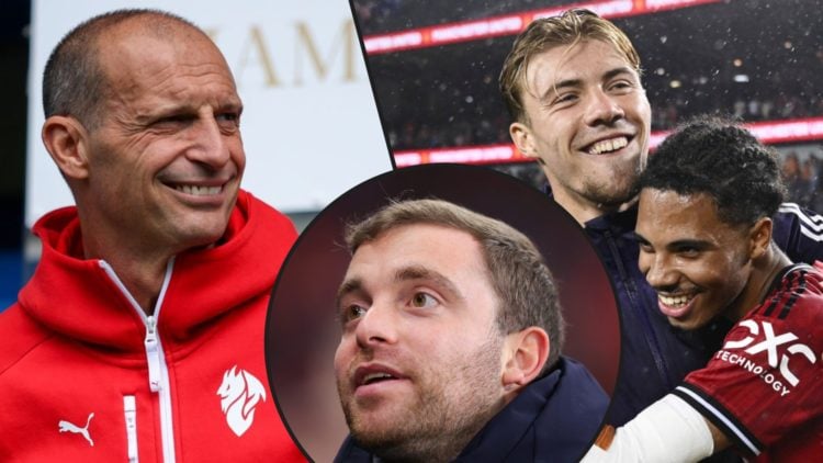 Rasmus Hojlund and Ethan Williams playing for Manchester United, inset AC Milan manager Massimiliano Allegri, inset an overlay of Fabrizio Romano.