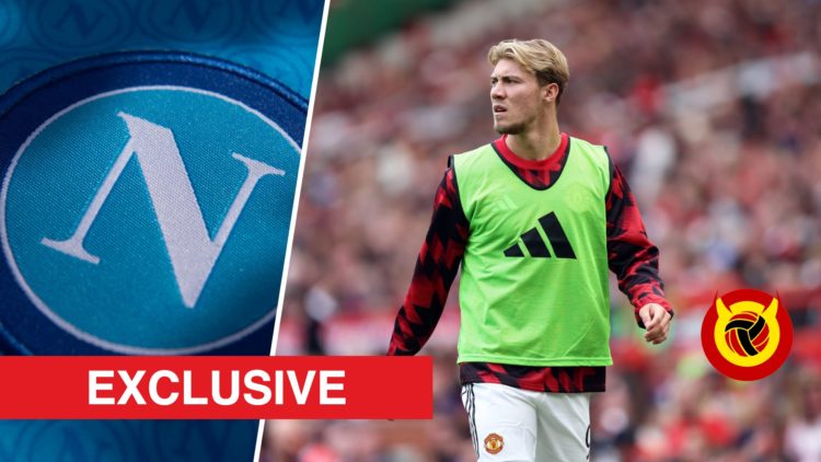 Rasmus Hojlund split image with Napoli badge