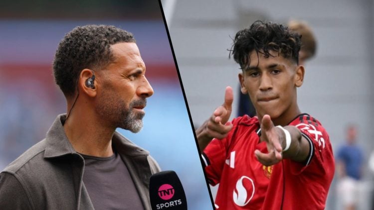 Split image, Rio Ferdinand while on punditry holding microphone and JJ Gabriel celebrating with gun fingers toward camera.