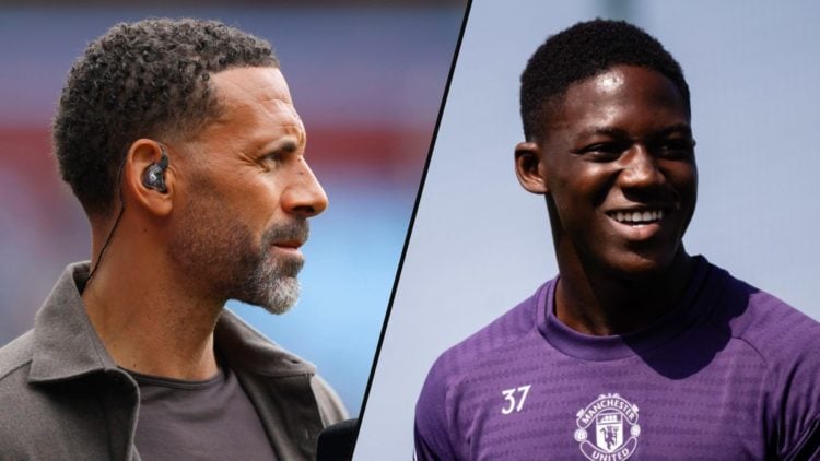 Kobbie Mainoo in action during a first-team Manchester United training session at the Carrington training complex, inset pundit Rio Ferdinand.