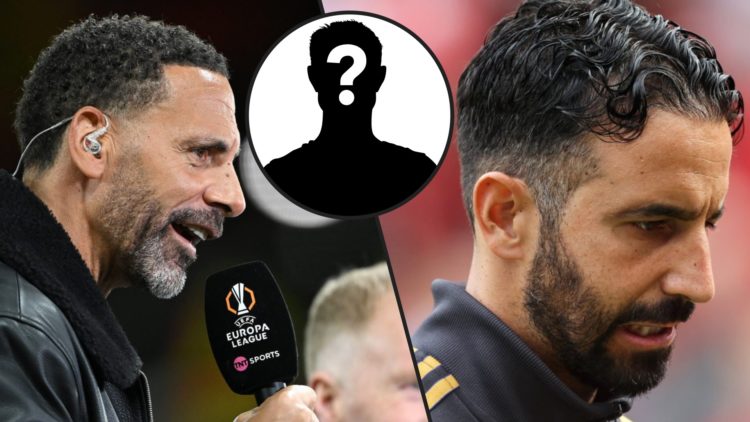 Former Manchester United player Rio Ferdinand presents on TNT Sports after a Europa League match, inset a photo of manager Ruben Amorim.