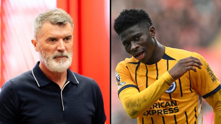 Split image, Roy Keane arrives at Old Trafford for Manchester United clash and Carlos Baleba in yellow Brighton kit.